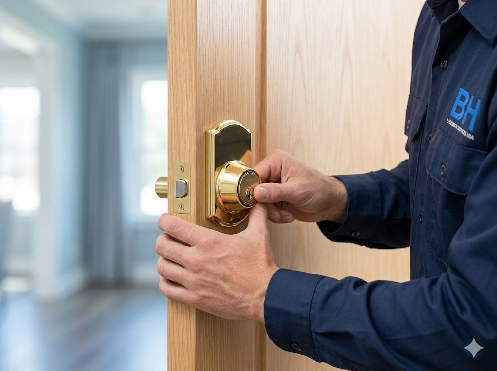 Residential locksmith installing deadbolt