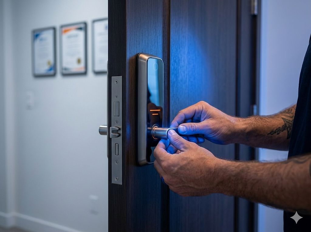 Professional locksmith installing smart lock